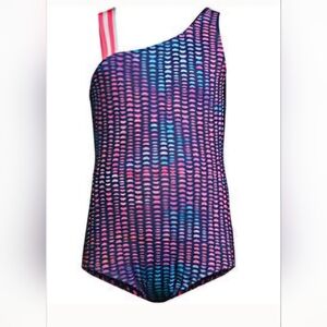 LANDS' END Girls Plus Large Sport One Piece Swimsuit DEEP SEA NAVY/PINK GEO